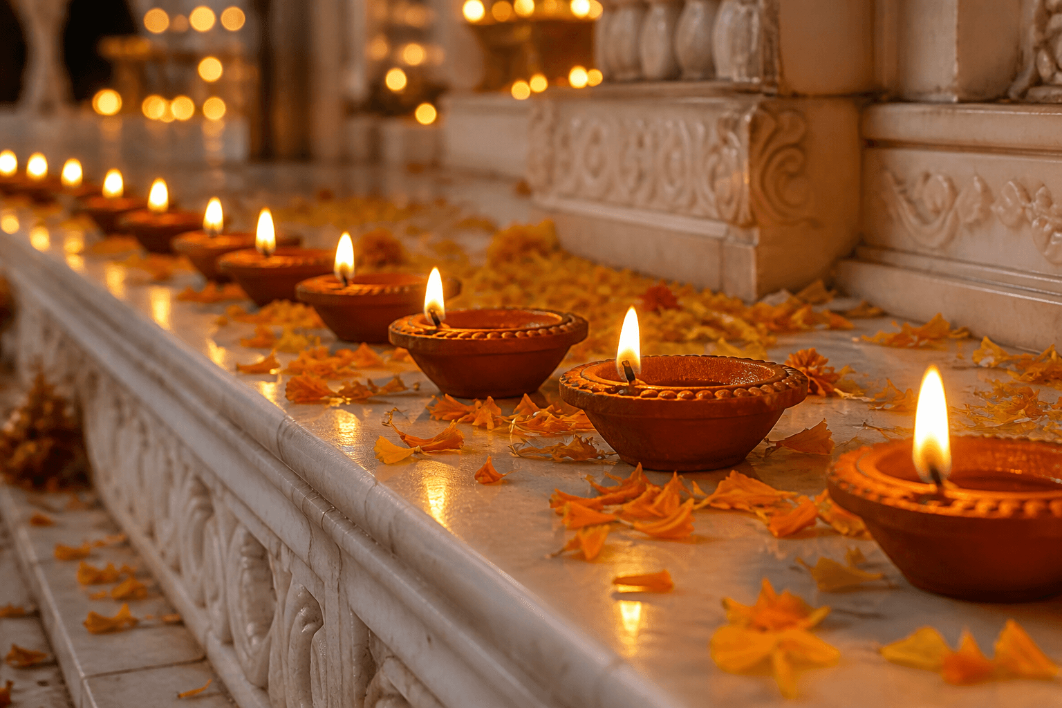 Rows of clay oil lamps lit for a Jain festival