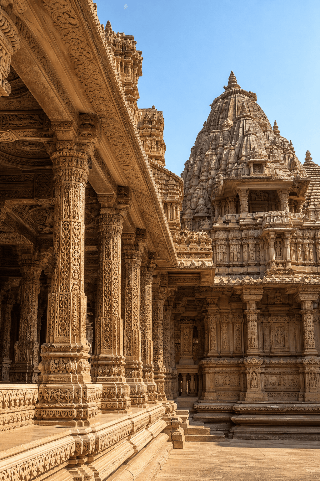 Carved sandstone pillars of a Jain temple
