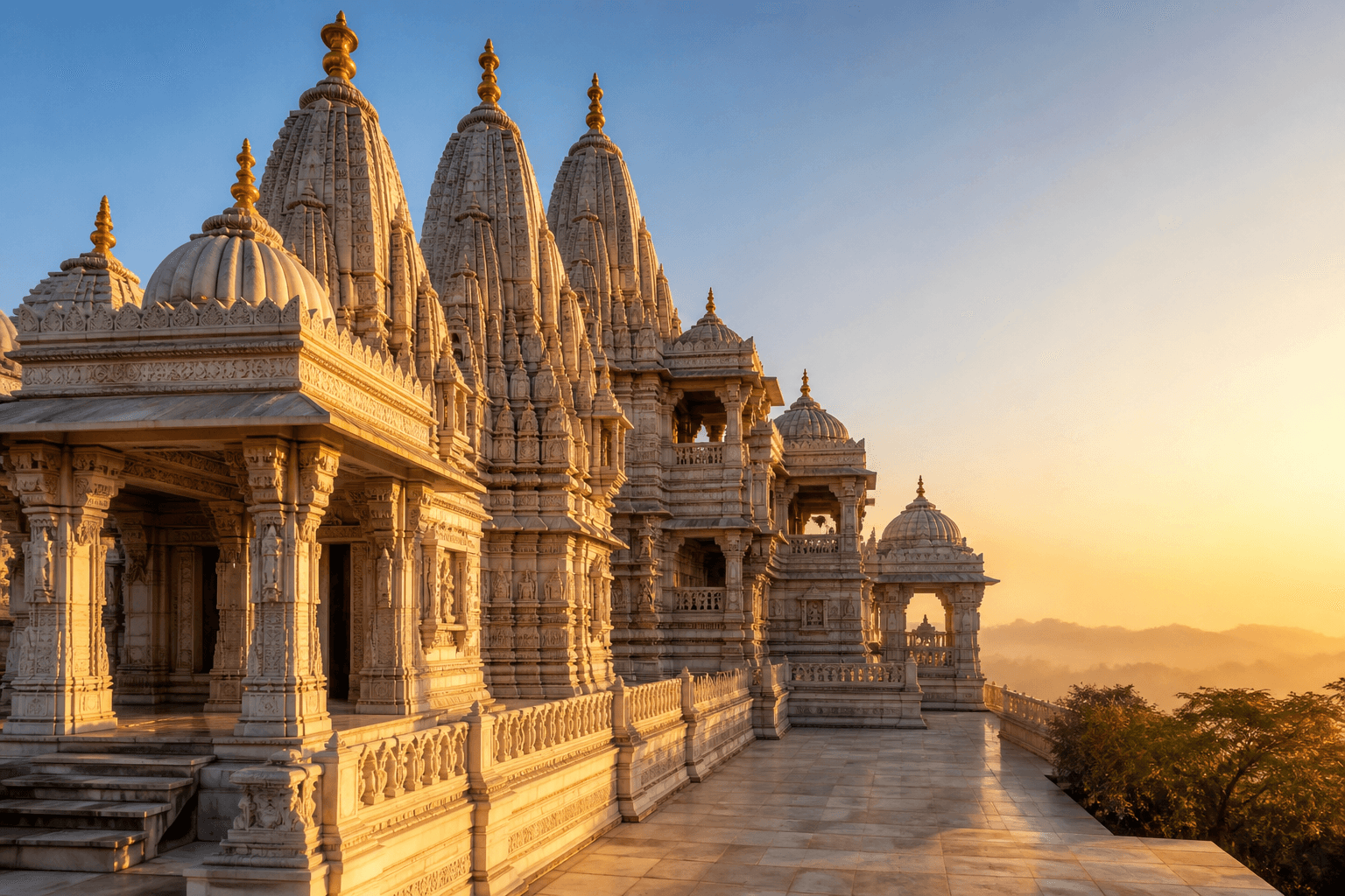 Temple complex on a forested hill at dawn